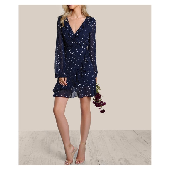 ❗️Blue White Stars Long Sleeve Frilled Wrap Dress - Picture 5 of 8